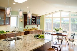 A light-filled transitional kitchen in Los Altos offers space to cook and eat.
