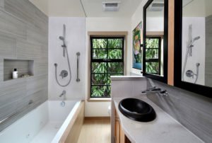 An artful, retreat-like bathroom in Mountain View incorporates some elements of Universal Design.