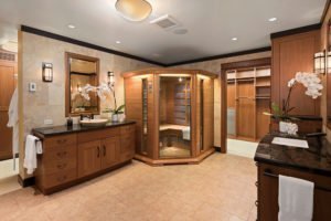 Spacious bathroom with corner sauna