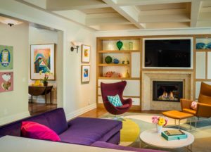 Colorful living room with coffered ceiling