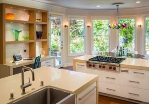 A contemporary kitchen in Atherton gets a touch of whimsy from colorful accents.