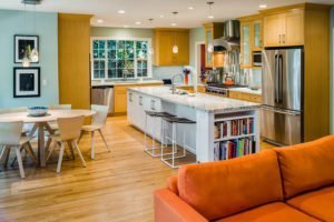 An open kitchen space in Palo Alto offers room for entertaining, and an island perfect for baking.