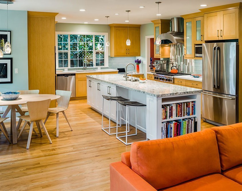 An open kitchen space in Palo Alto offers room for entertaining, and an island perfect for baking.