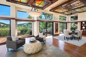 A Portola Valley home features picturesque windows and ceilings that create visual interest.