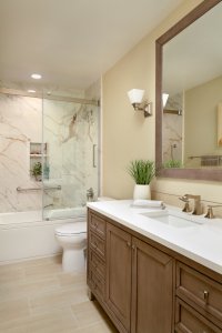 Budget-friendly finishes don't make this guest bathroom in Los Gatos feel any less sophisticated.