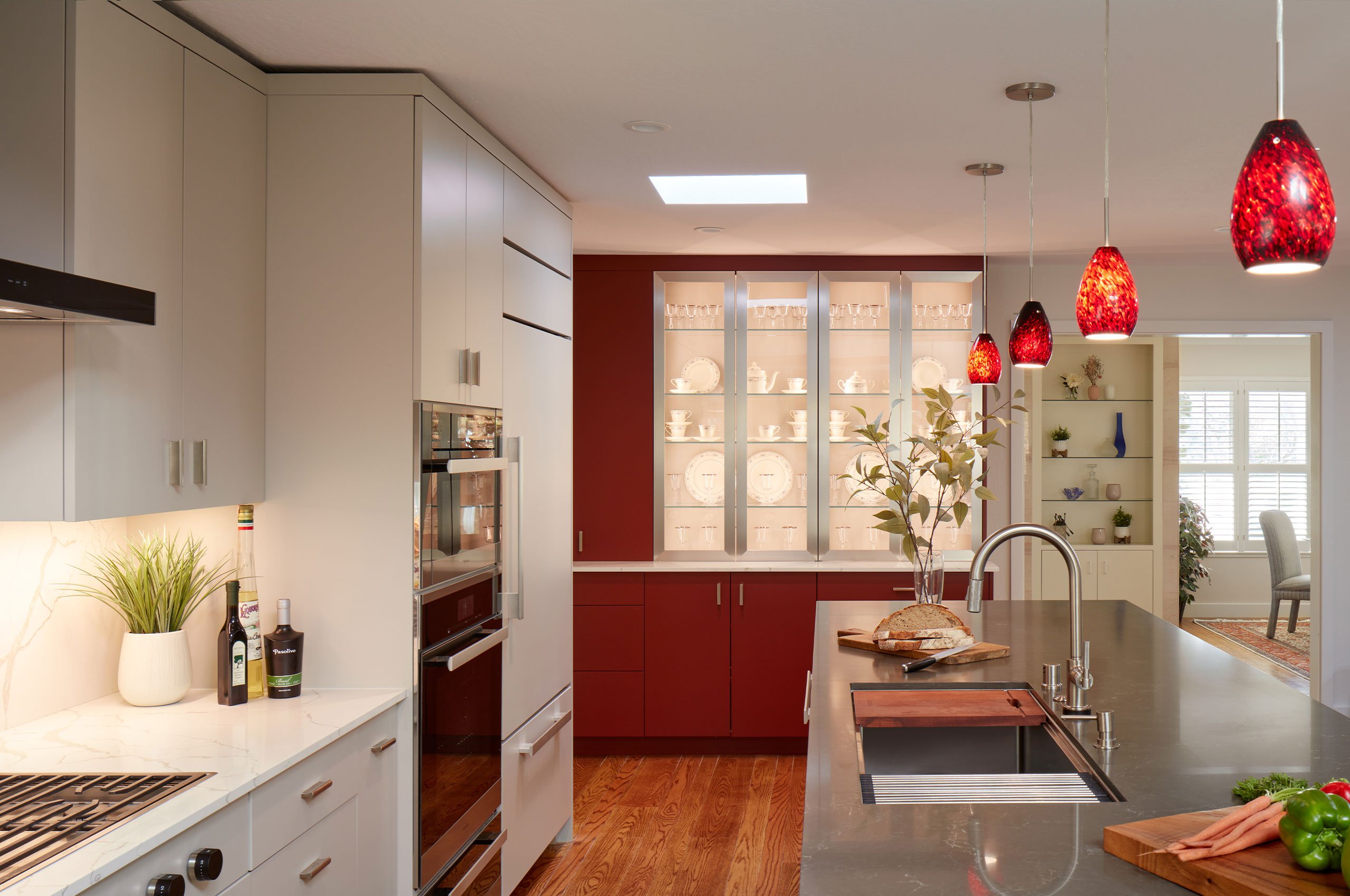 A modern kitchen with pops of color
